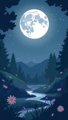 Fototapeta premium Tranquil full moon illuminating peaceful garden at night, serenity