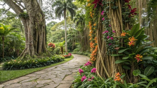 exotic flowers and vines wrap around ancient tree trunks in a lush, tropical environment, greenery entwined, forest elegance, lush surroundings, verdant backdrop, tropical foliage