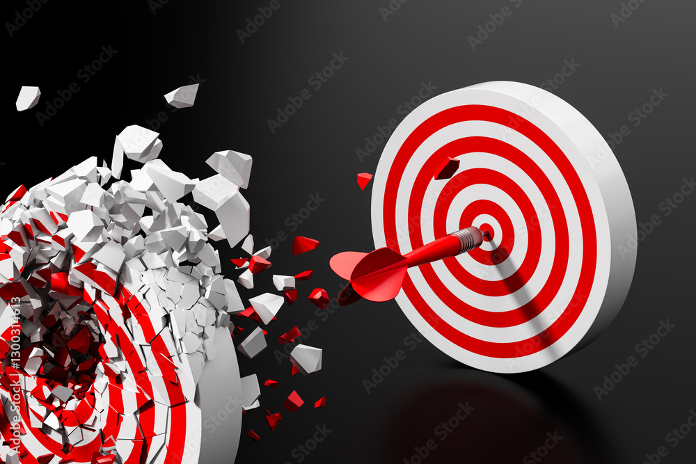 Poster hitting the target concept with dart breaking through previous attempt. 3d rendering