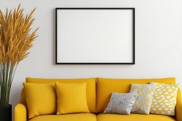 Cozy yellow couch in a bright room with a lush green plant gracefully placed in the corner for a fresh atmosphere