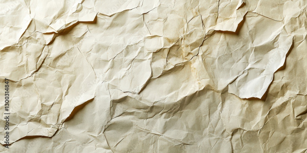 Poster crumpled brown paper texture showcasing intricate folds and shadows illuminated by soft light in a n