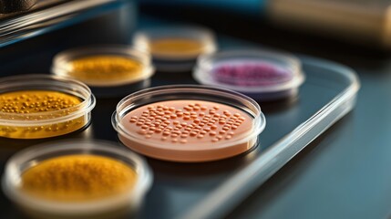 A close-up view of petri dishes containing colorful samples, symbolizing the exploration of science and innovation in biological experimentation and research.
