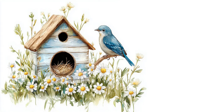 cute bird, birdhouse in the shape of a house and daisy flowers, drawing in the style of clipart on a white background. spring mood.