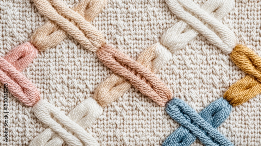 Poster intricate woven texture with colorful threads in geometric patterns, showcasing detailed craftsmansh