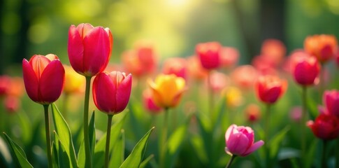 Obraz premium Vibrant tulips, blooming roses, lush green foliage, idyllic, outdoor scene