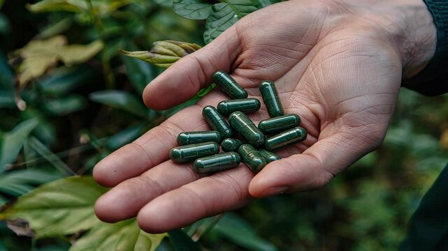 capsules in a human hand on a background of leaves