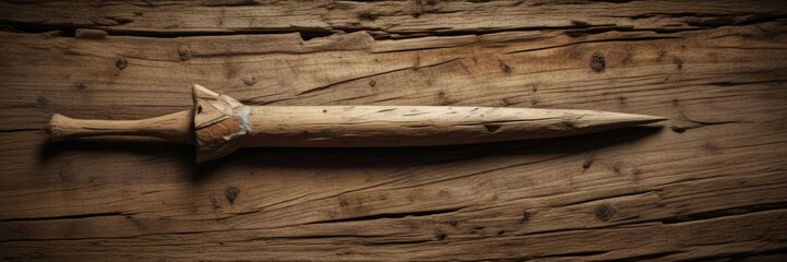 Flint arrowhead lodged in an ancient wooden arrow shaft, ancient hunting tool, ancient wooden arrow