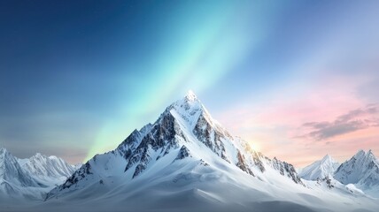 Fototapeta premium Majestic snow-covered mountain peak under vibrant aurora sky, creating a breathtaking natural spectacle.