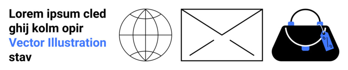 Globe outline, envelope with lines, and a black handbag with a blue tag. Ideal for communication, travel, fashion, branding, global networking digital design and promotional materials. Flat landing