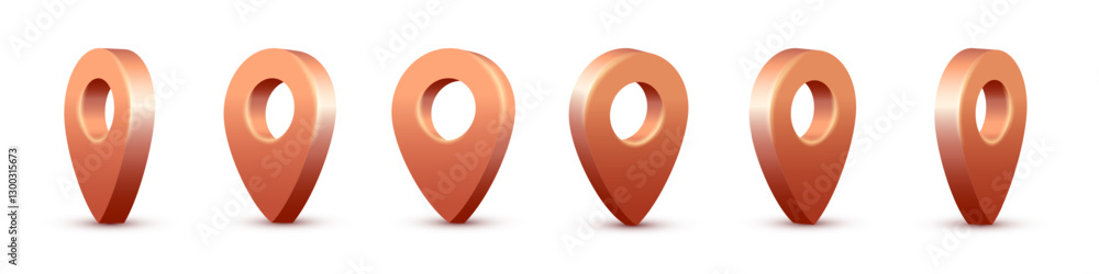 Poster bronze map pins set. 3d light red pointers isolated on white background. location symbols in various