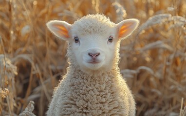 Naklejka premium Adorable fluffy lamb gazing directly at the camera, nestled amongst golden-hued, sunlit tall grasses. A charming springtime pastoral scene.