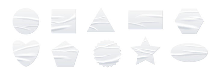 Crumpled white paper stickers. Wrinkled glued labels different shapes and forms. Realistic round, circle, square, rectangle, heart, triangle mockups. Vector illustrations set isolated on transparent.