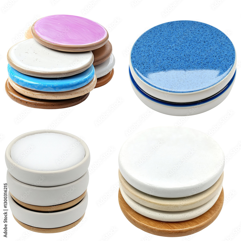 Poster collection of colorful coasters stacked in various arrangements on a transparent background.