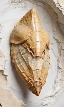 Fossilized Kokomopterus eurypterid shell on a white background, ancient mollusk, fossil shell