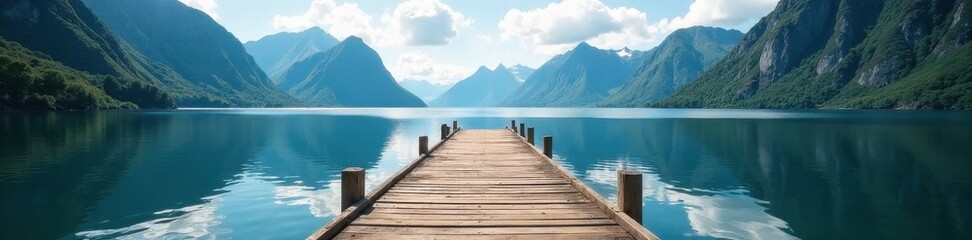 Obraz premium Old wooden pier extends into fjord, majestic mountains backdrop , background, dock