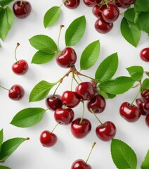 Fresh cherries with green leaves isolated on a white background, foliage, isolated, single