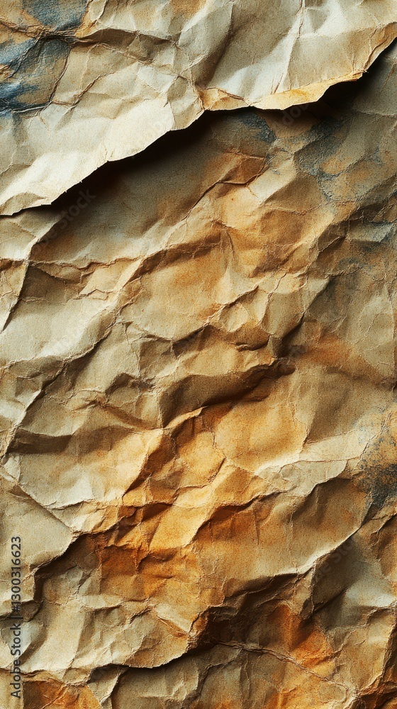 Poster crumpled textured paper with warm tones and intricate details creating an abstract background effect