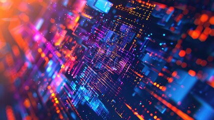 Obraz premium An abstract cyberpunk background featuring vibrant blue, purple, and orange colors. This modern design showcases a dynamic digital landscape, perfect for technology-themed projects.