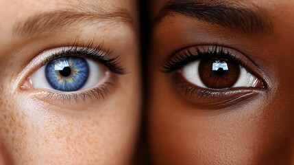 Fototapeta premium Equal Blue and Brown Eyes, Fighting Racism with Diverse Skin Unity on Neutral Background, Close Up 