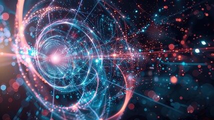 Obraz premium This abstract geometric representation explores theoretical concepts using vibrant colors and dynamic lines, perfect for science and technology themes.