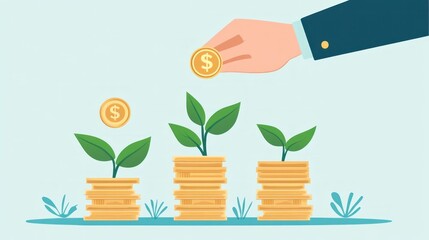 Hand planting coin, growing money stacks