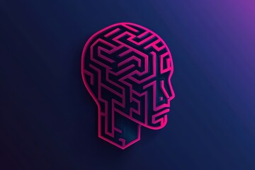 Abstract illustration of a human head silhouette filled with a maze pattern, representing the complexities of the mind, cognition, technology, and artificial intelligence in a modern design.