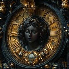 Obraz premium Timeless Elegance: Antique clock face, a stunning display of ornate detail, adorned with a central female bust, a testament to time's artistry.