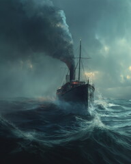Fototapeta premium A steamship on the open sea its smoke from its chi_007