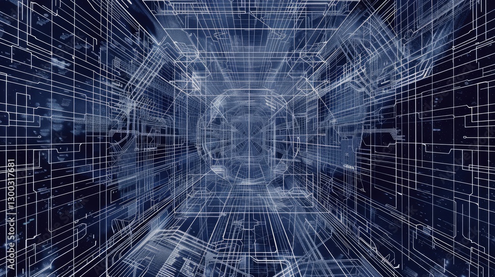 Poster explore a futuristic geometric illustration showcasing intricate patterns and lines in a sci-fi insp