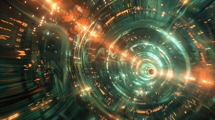 Obraz premium This vibrant digital artwork depicts a quantum accelerator concept, showcasing dynamic swirling patterns and radiant lights that evoke a sense of motion and depth.