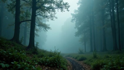 Obraz premium Dense fog hangs low, obscuring ancient woodland, gloom, silent