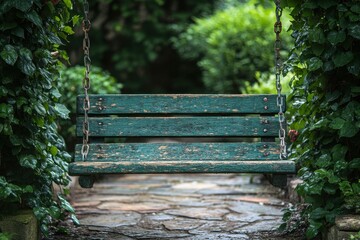 Naklejka premium Rustic green swing hangs between lush greenery in a tranquil garden setting