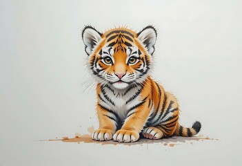 Obraz premium Adorable Tiger Cub Portrait Sitting Down with Orange and Black Stripes