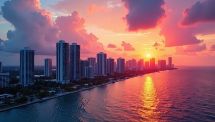 Fototapeta premium Miami skyline panorama, vibrant sunset, cute buildings , Miami, photo, golden hour