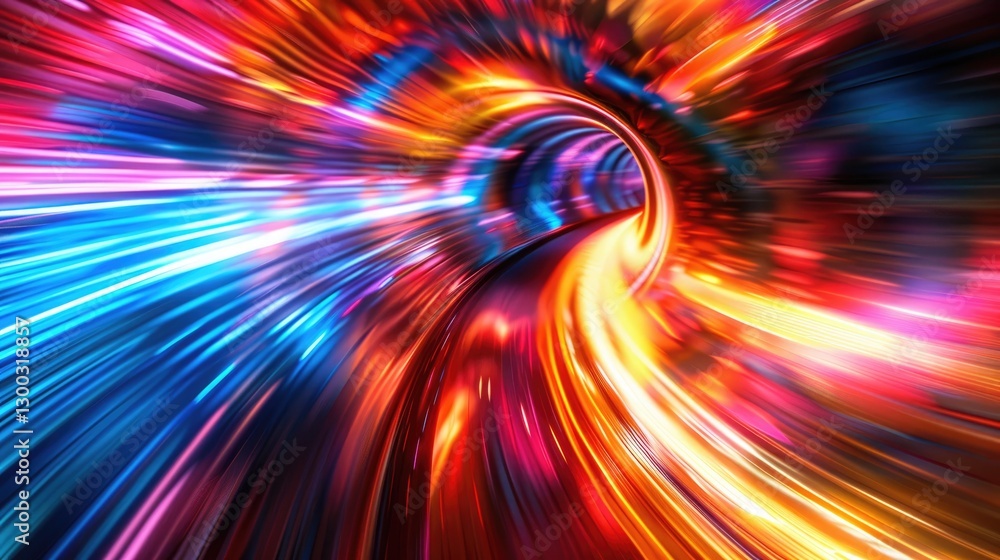 Poster a captivating abstract image showcasing vivid light streaks and a dynamic curve, creating an illusio
