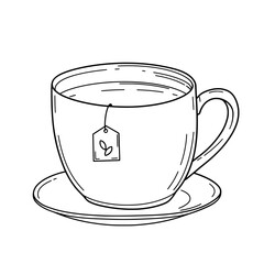 Warm Embrace: A delicate sketch of a teacup with a tea bag resting elegantly on a saucer. Evoking feelings of warmth, comfort, and quiet moments.