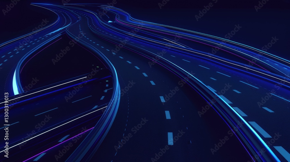 Poster a mesmerizing abstract design featuring a dark blue highway with flowing lines and modern patterns. 