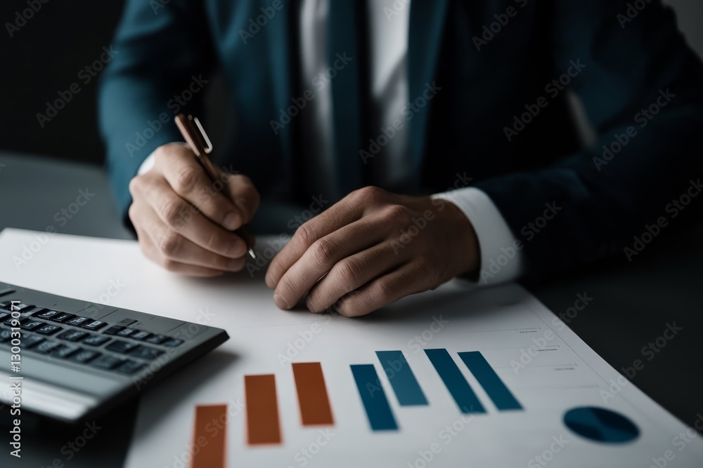 Aufkleber business professional analyzing financial graphs and charts while using calculator in modern office 