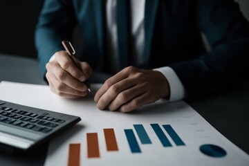 Business professional analyzing financial graphs and charts while using calculator in modern office environment