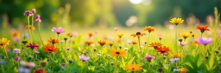 Obraz premium Vibrant wildflowers in lush meadow, sunny day, green, nature