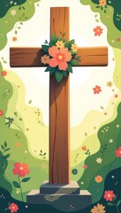 Floral cross in tranquil garden under afternoon light, simple elegance