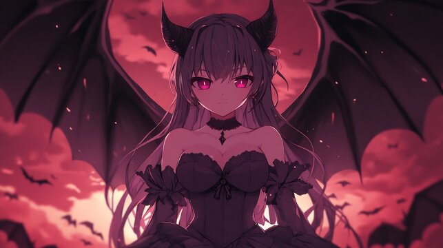 anime demon queen girl in purple gothic dress with bat wings dark fantasy art