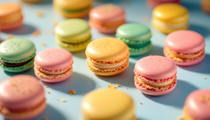 Obraz premium Colorful Macarons Arranged on a Light Blue Surface