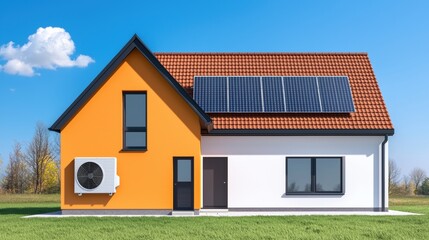 Obraz premium Modern house with solar panels on the roof and air conditioning. Concept of green energy and sustainable living.