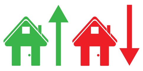  paper cut of red house and green house, concept of rising and falling house prices, real estate market
