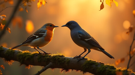 Robin and Bluebird Birds Perched on Mossy Branch in Warm Golden Autumn Light Soft Bokeh Background Nature Wildlife Image