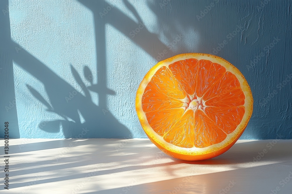 Poster fresh orange half positioned on a light surface with soft shadows and a blue background highlighting