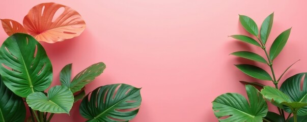 Naklejka premium Coral pink background, lush Epipremnum Pinnatum leaves Minimalist summer design , exotic, epipremnum pinnatum