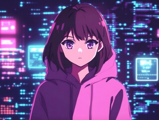 anime cyberpunk hacker girl in neon holographic setting