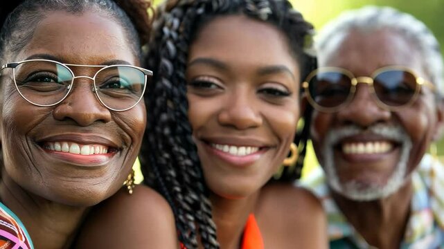 Three generations of a family share a joyful moment together, smiling broadly.